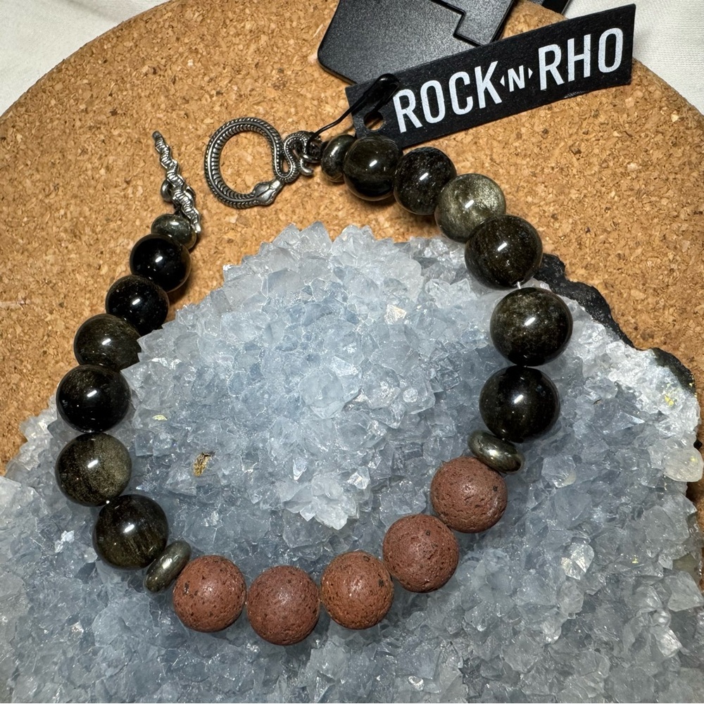 Golden Sheen Obsidian & Lava Bead Bracelet